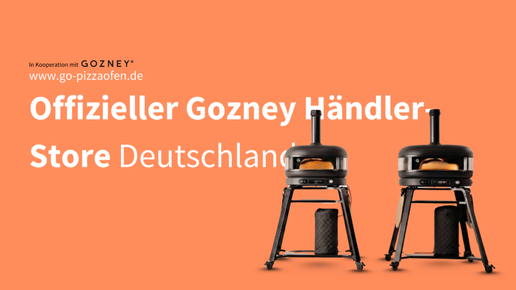 Offizieller Gozney Händler Store Deutschland mit zwei Gozney Pizzaöfen auf orangefarbenem Hintergrund