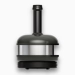 Rückansicht des schwarzen Gozney Dome Pizzaofens mit Rauchabzug und Edelstahlgehäuse