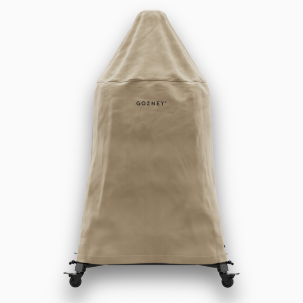 Gozney Dome Abdeckhaube Lang in Beige mit Gozney Logo, auf fahrbarem Untergestell, freigestellt auf weißem Hintergrund