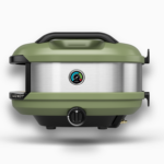 Rückansicht des Gozney Tread Pizzaofens in Olivgrün mit integrierter Temperaturanzeige