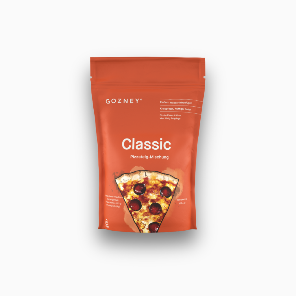 Vorderseite der Gozney Classic Pizza-Teigmischung in orangefarbener Verpackung