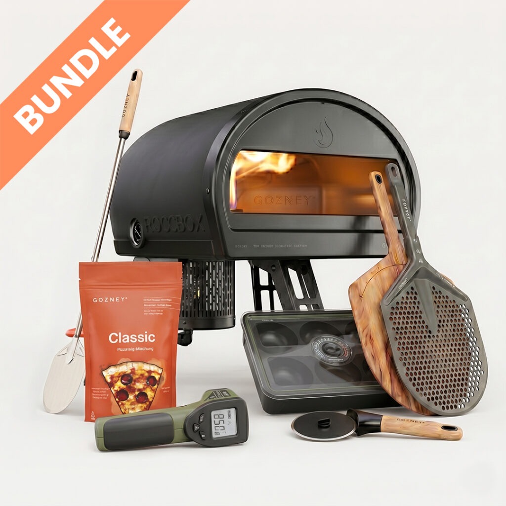 Gozney Roccbox Gran Maestro Premium Set Bundle – Pizzaofen mit Pizzaschaufel, Infrarotthermometer, Pizzaschneider, Backform und Classic Pizzateig-Mischung