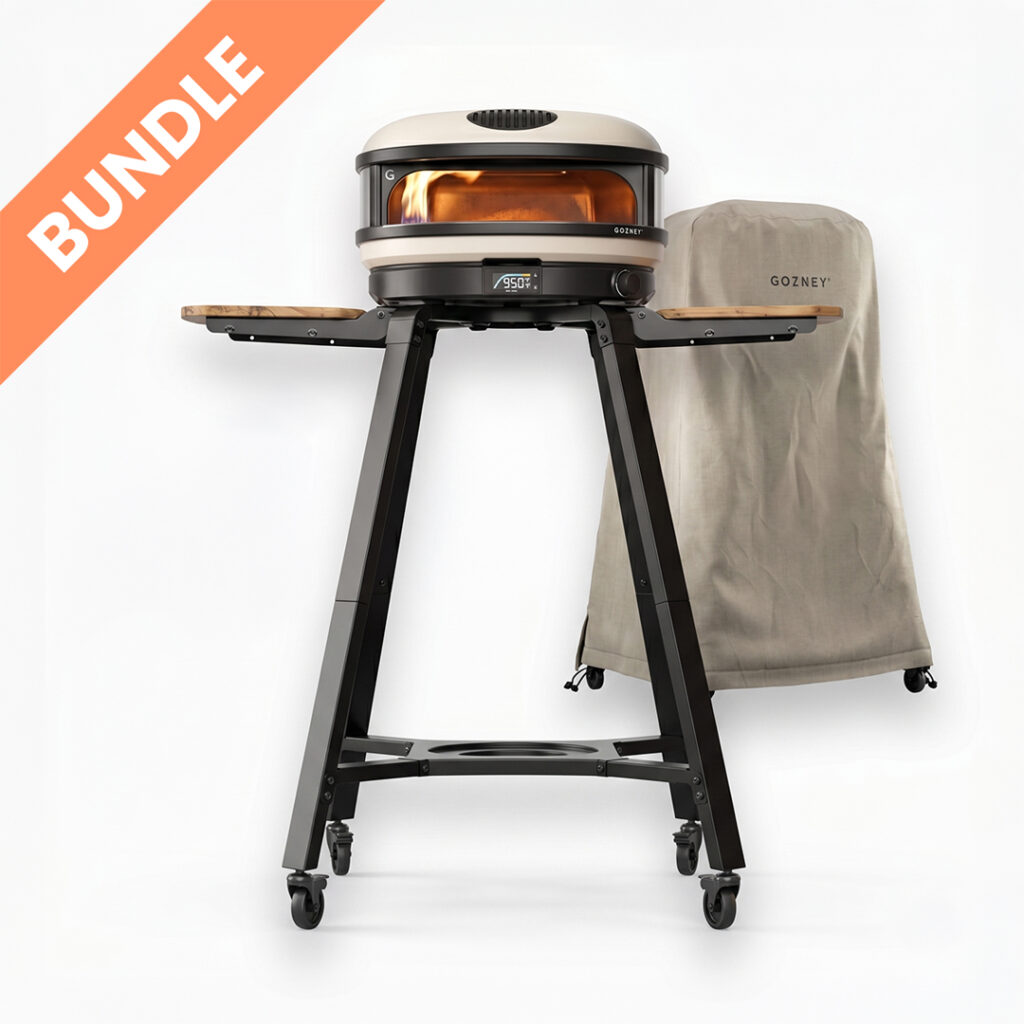 Gozney Arc Pizzaofen Creme auf Ständer mit Schutzabdeckung – Outdoor Wetterfest Set Bundle für den Garten
