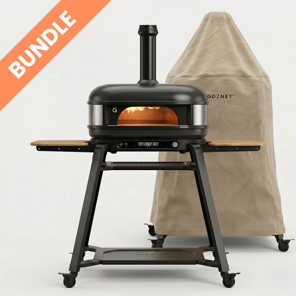 Gozney Dome Schwarz 2. Generation Pizzaofen auf Ständer mit Schutzabdeckung – Outdoor Wetterfest Set Bundle für den Garten