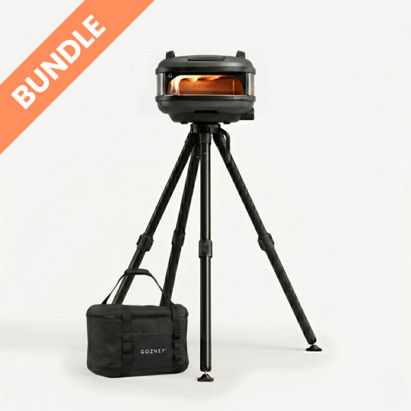 Gozney Tread Schwarz Outdoor Wetterfest Set Bundle – Pizzaofen auf Dreibein-Stativ mit Gozney Tragetasche für unterwegs