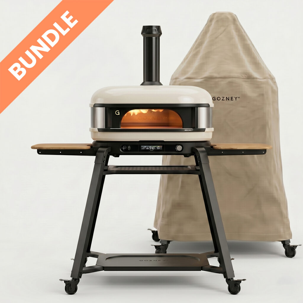 Gozney Dome XL Cremeweiß 2. Generation Pizzaofen auf Ständer mit kegelförmiger Schutzabdeckung – Outdoor Wetterfest Set Bundle für den Garten