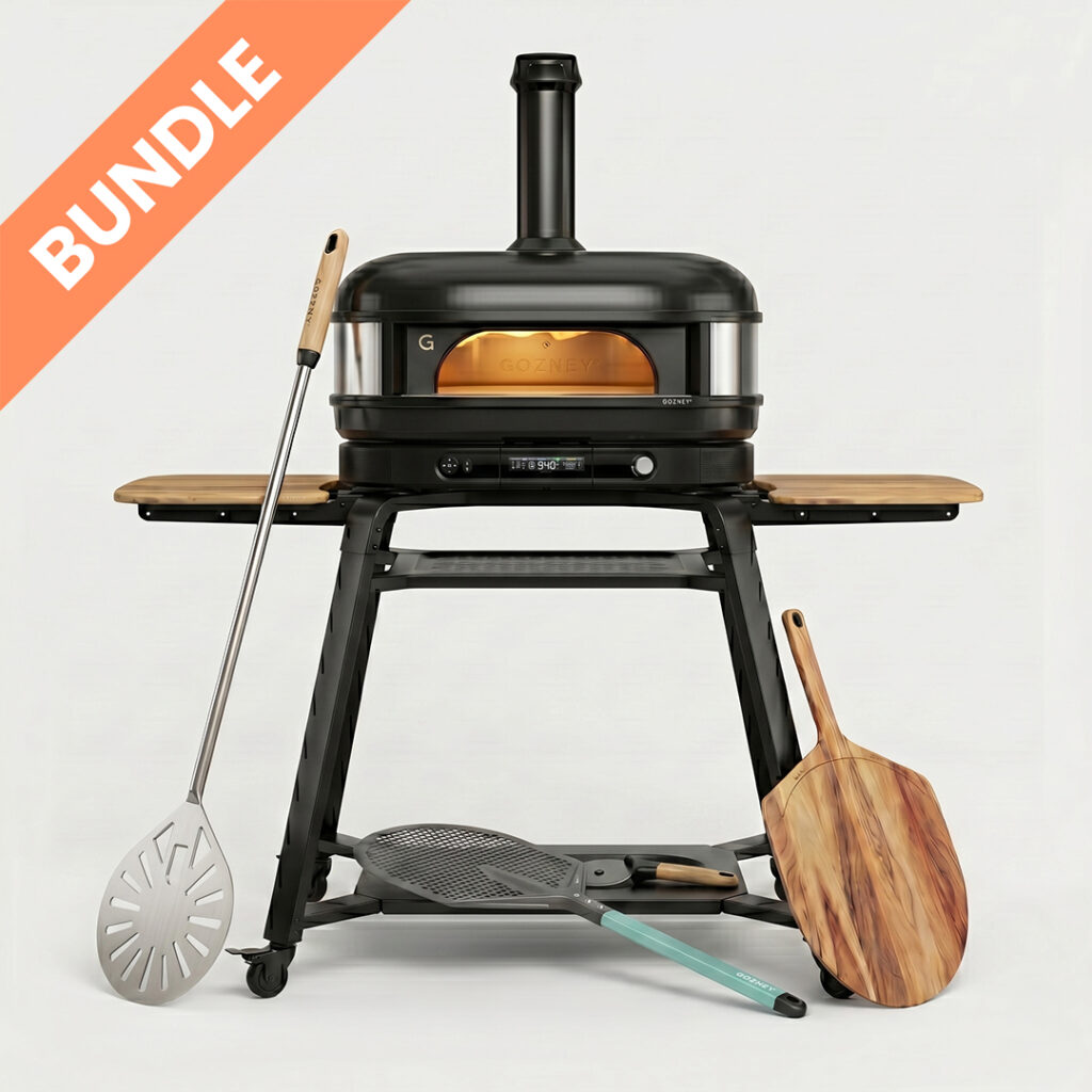 Gozney Dome Schwarz 2. Generation Pizzaiolo Comfort Set Bundle – Pizzaofen auf Ständer mit Pizzaschieber, Holzpeeler und Pizzawender