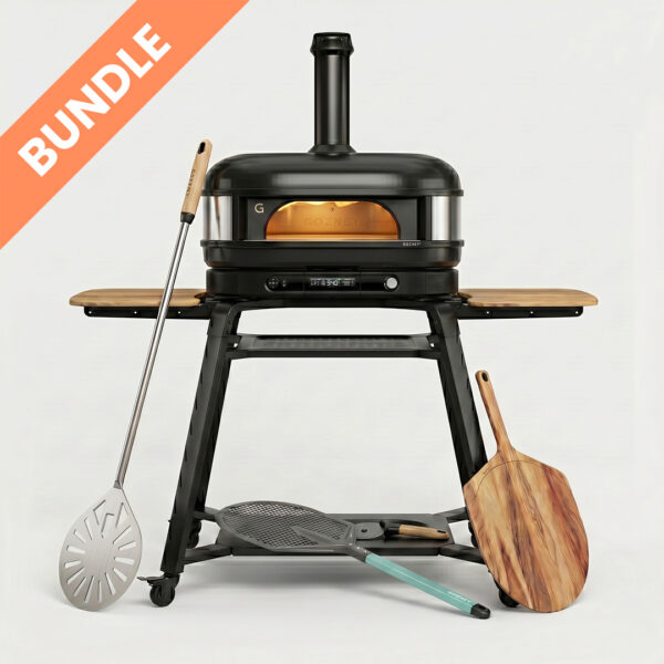 Gozney Dome Schwarz 2. Generation Pizzaiolo Comfort Set Bundle – Pizzaofen auf Ständer mit Pizzaschieber, Holzpeeler und Pizzawender