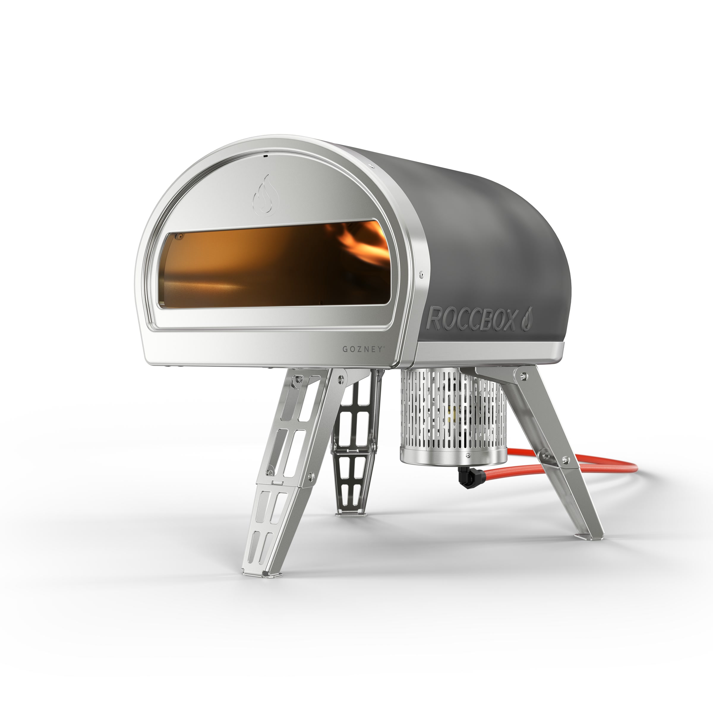 Gozney Roccbox grau Frontansicht Gozney Roccbox Pizzaofen grau – Frontansicht mit Flamme